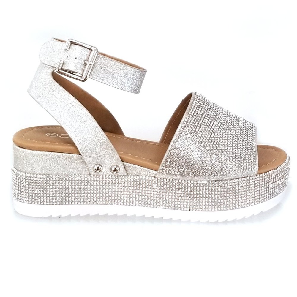 New Silver Rhinestone Flatform Wedge Sandals - Picture 2 of 3